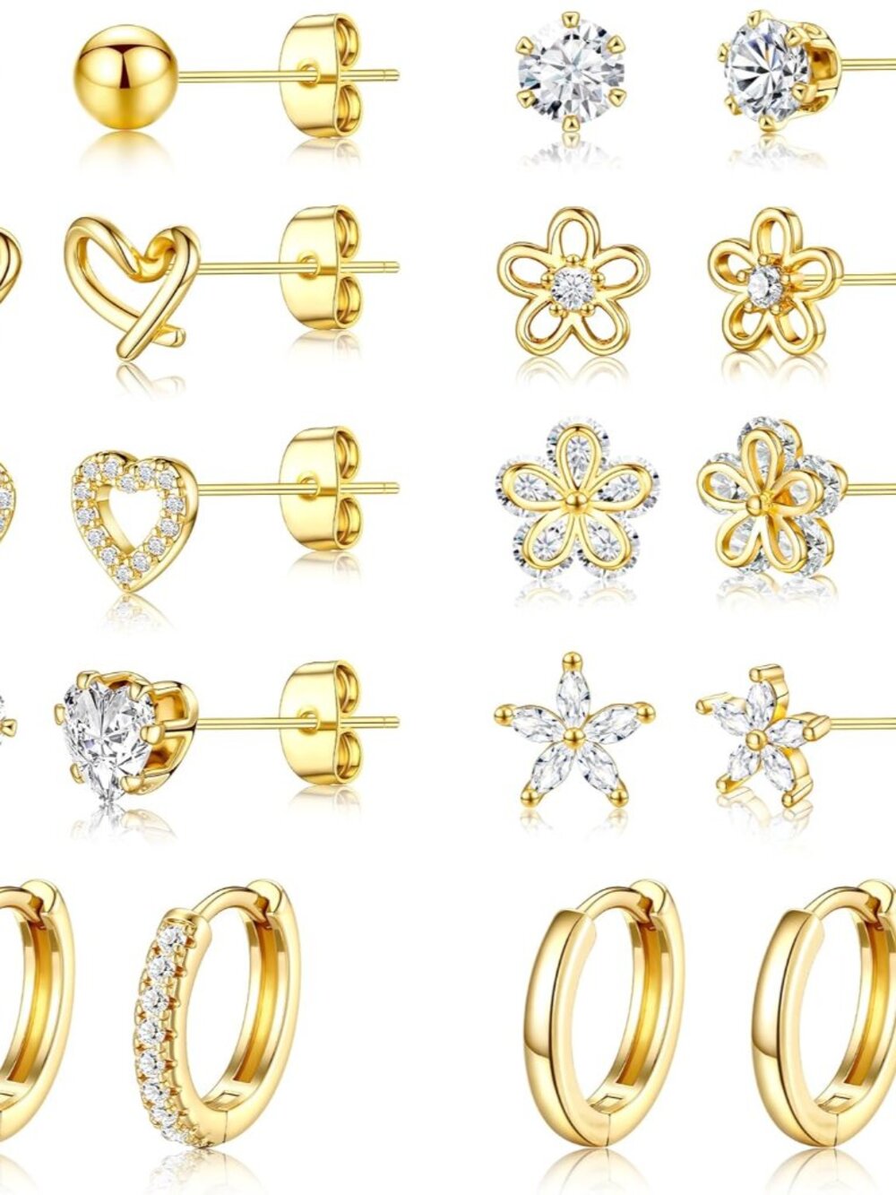 Small Gold Stud Earrings Set for Women - 14K Gold Plated CZ Huggie Hoops Hypoall